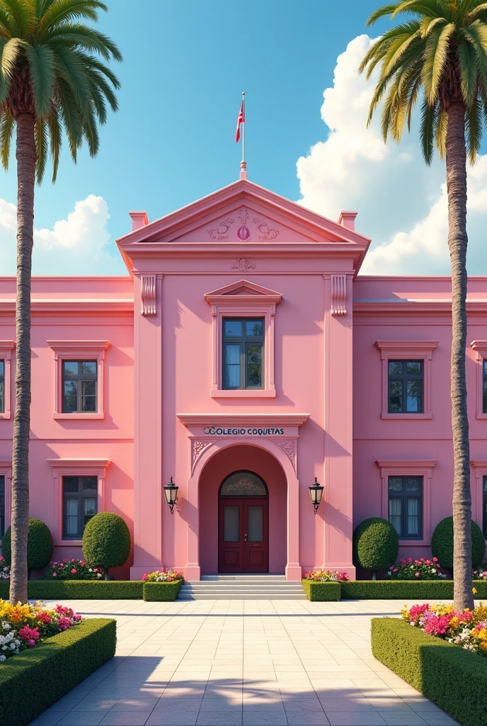 (photorealism:1.2)  Empty pink girls' school yard, PINK classic or modern school building, clean in good shape, the sign "Colegio Coquetas" and the signs of many kisses 💋 on the walls, not childish drawings on the walls, no crosses anywhere, realistic, intricate details