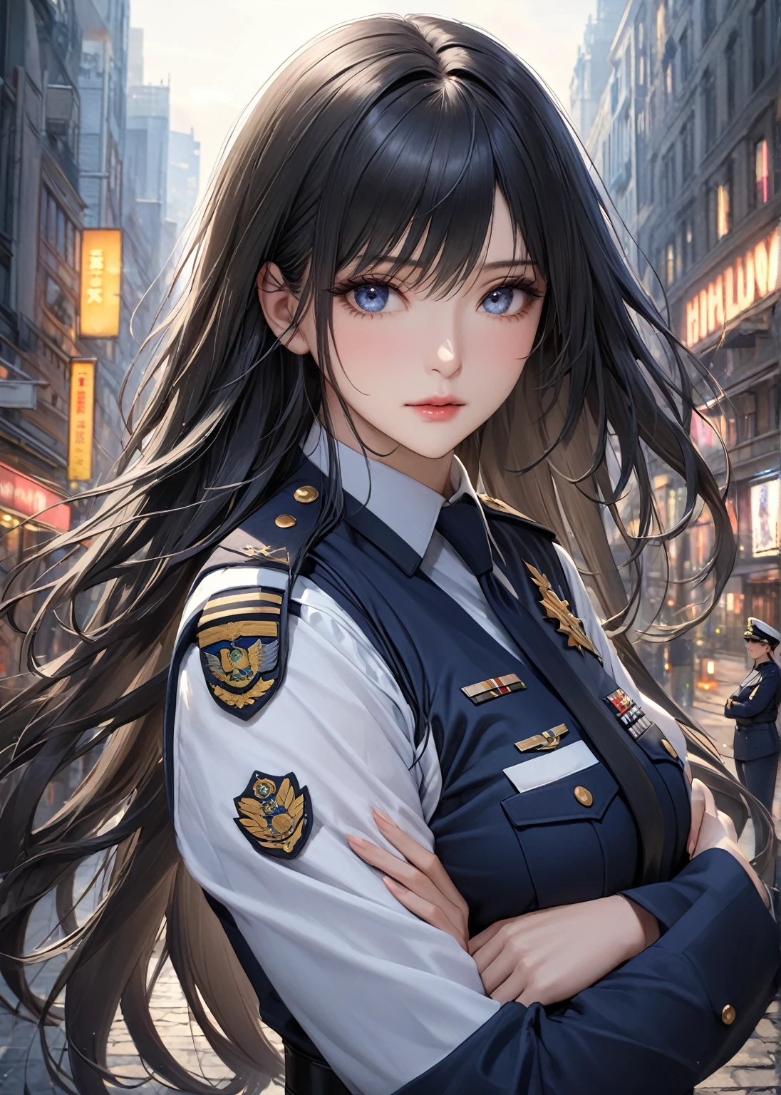 Highest quality、masterpiece、8k、Realistic、超High resolution、Very delicate and beautiful、High resolution、Cinema Lighting、medium range shooting、Perfect female body、Beautiful woman、Mature Woman、Beautiful Eyes、Cityscape、(Long Hair:1.8、Black Hair)、((female officer:1.4、Navy blue female officer、Female officer&#39;s cap、Uniform Buttons、Navy blue tie、Jacket、White gloves))、Pencil Skirt、Stiletto heel pumps、badge、Epaulettes、Are thin、Flat chest、((Butt、Flip up the skirt))、((Showing panties))、blush、Embarrassing、Sweat、Sigh、