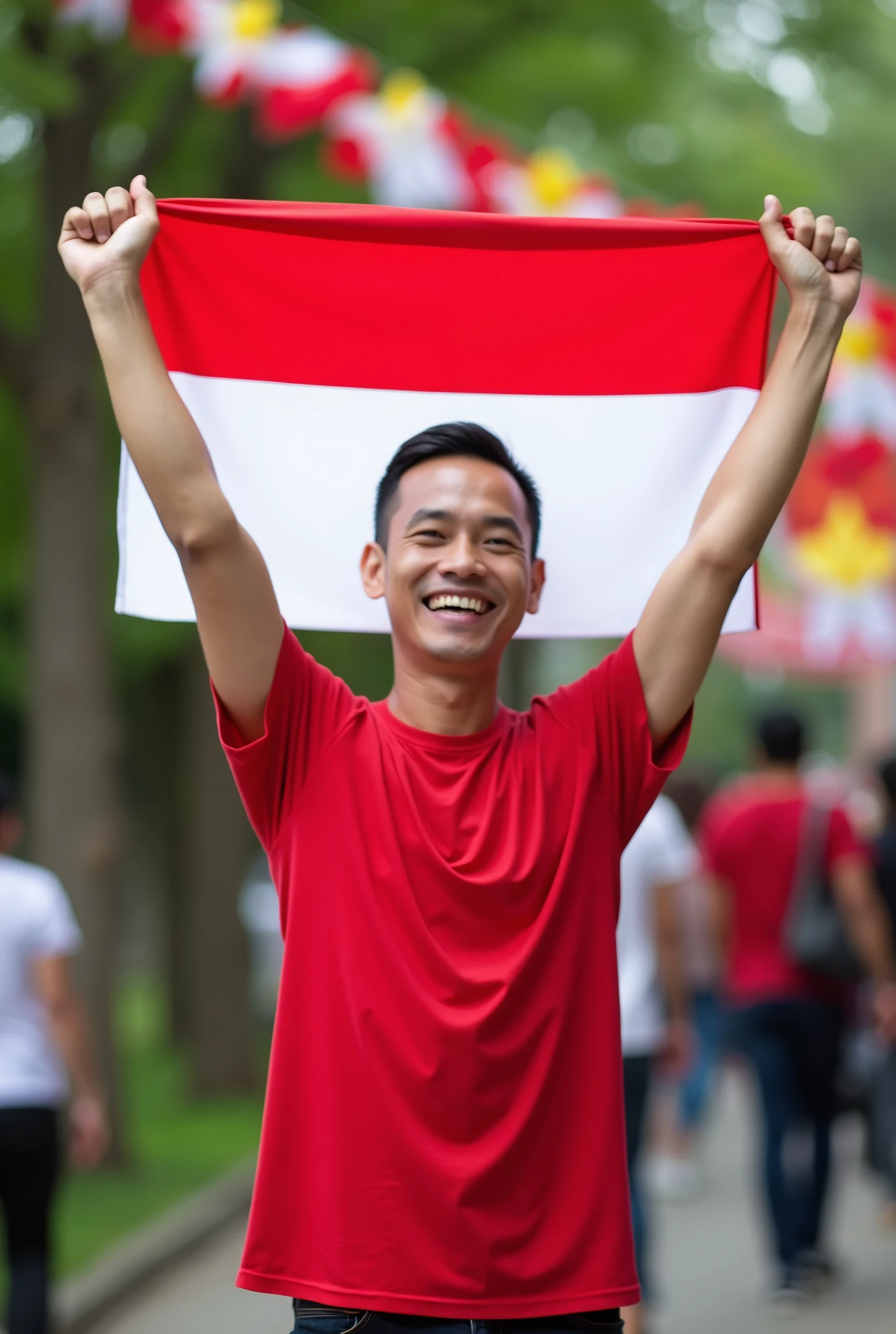asian man, holding indonesia flag, he so proud, wearing red and white tshirt,
