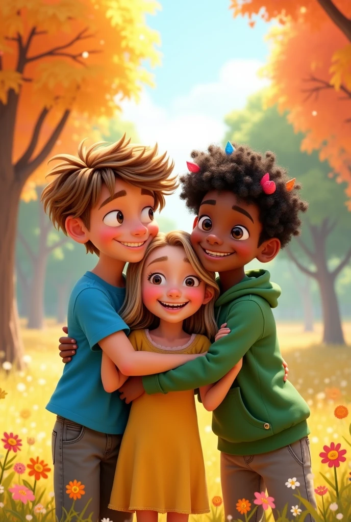 pixar style: 2 boys and 1 girl hugging
