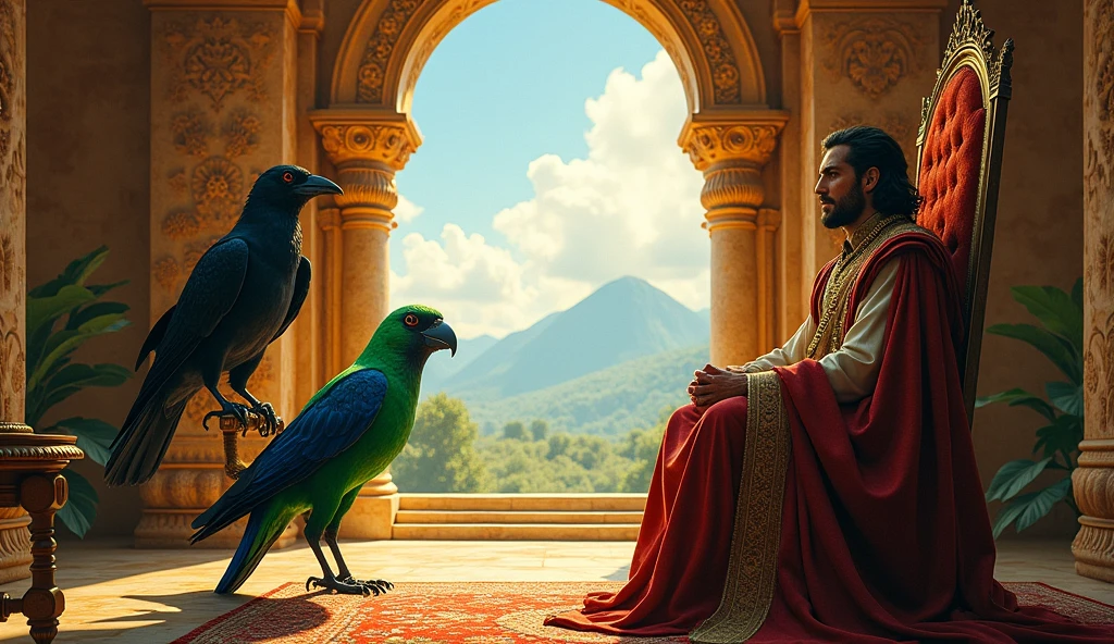 The king listened to the crow and got lost in thought.  The parrot, who was listening to both of them, said, "King Salamat! Do not believe what the crow says. He is deceiving. Before you drink the water of this lake, you should know its truth."