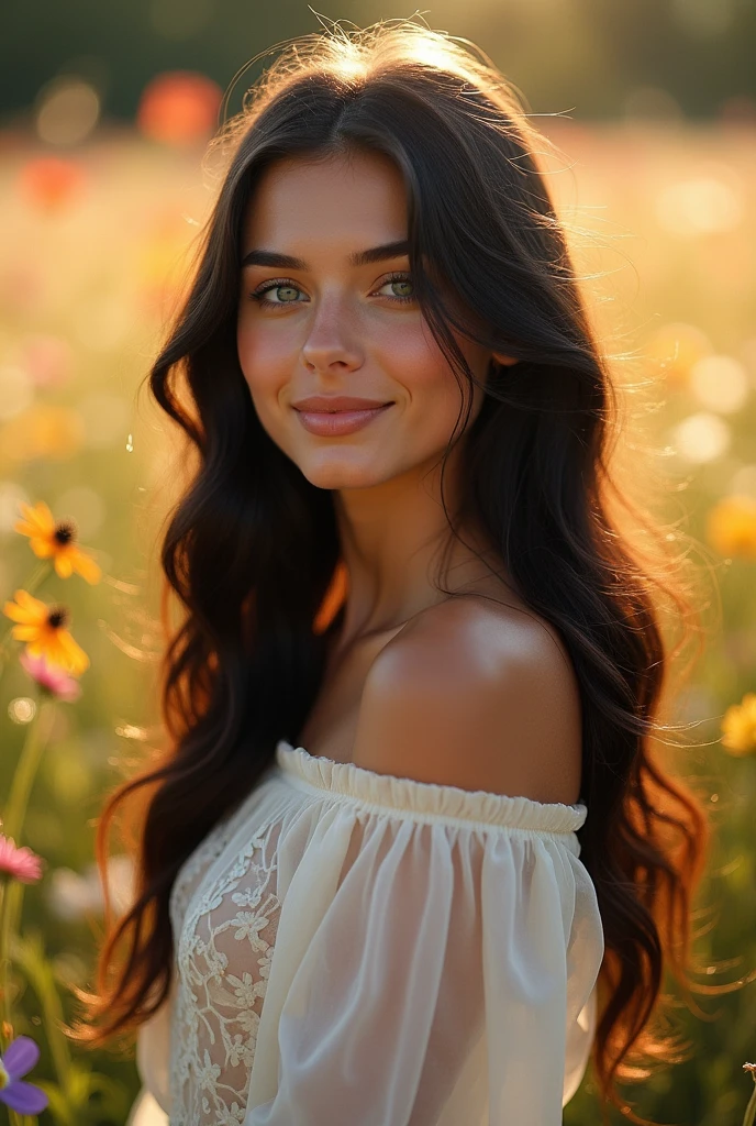 A beautiful, young woman with long black hair and light blue eyes