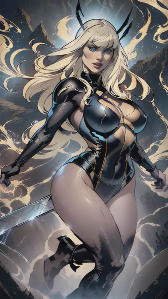 Magik of X-men, Illyana Rasputin with long white hair, piercing blue eyes, wearing a low cut unitard with high cut legs, holding a glowing magical sword, floating in a mystical realm with swirling energy, (best quality,8k,highres,masterpiece:1.2),ultra-detailed,realistic,photorealistic,photo-realistic:1.37,concept art,dark fantasy,digital painting,dramatic lighting,cinematic,intricate details,ethereal,otherworldly atmosphere