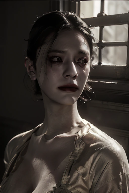 full body masterpiece, ultra realistic, 16k, high quality, incredibly detailed, dream aesthetic, dream atmosphere, cinematic, (sharp focus : 1.5), (photorealistic : 1.3) , a hyperrealistic image of a young, very pale woman with long black hair and black eyes, illuminated skin, intense shadows, light and shadow work, a beautiful face, wearing a white dress. She appears very sad and is looking out of an old, antique window. The scene should have a horror and gothic atmosphere similar to the style of the manga Berserk, with dramatic lighting and intricate details in both the woman and the surroundings. The window should have a gothic design, with shadows and light playing off her expression to enhance the mood of melancholy and mystery.