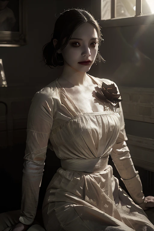 full body masterpiece, ultra realistic, 16k, high quality, incredibly detailed, dream aesthetic, dream atmosphere, cinematic, (sharp focus : 1.5), (photorealistic : 1.3) , a hyperrealistic image of a young, very pale woman with long black hair and black eyes, illuminated skin, intense shadows, light and shadow work, a beautiful face, wearing a white dress. She appears very sad and is looking out of an old, antique window. The scene should have a horror and gothic atmosphere similar to the style of the manga Berserk, with dramatic lighting and intricate details in both the woman and the surroundings. The window should have a gothic design, with shadows and light playing off her expression to enhance the mood of melancholy and mystery.