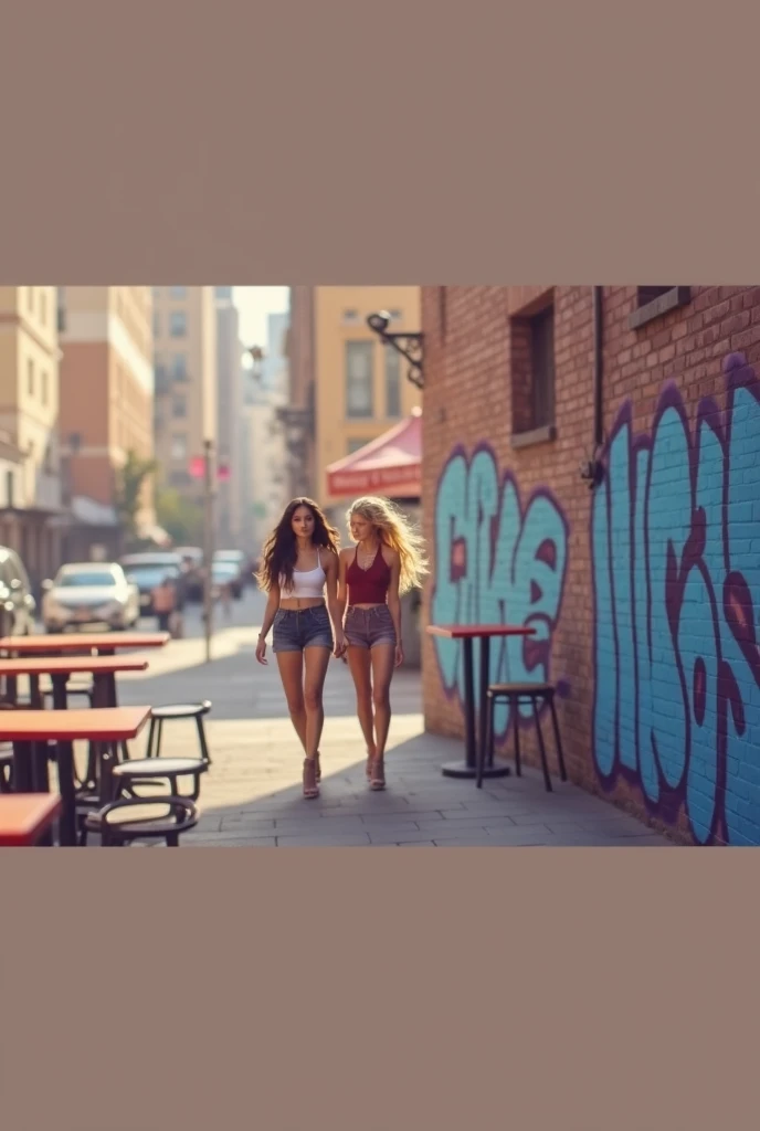 Latina brunette large breasts large hips toned legs. In an urban environment of the city. casual clothes. In the city with a blonde girl.