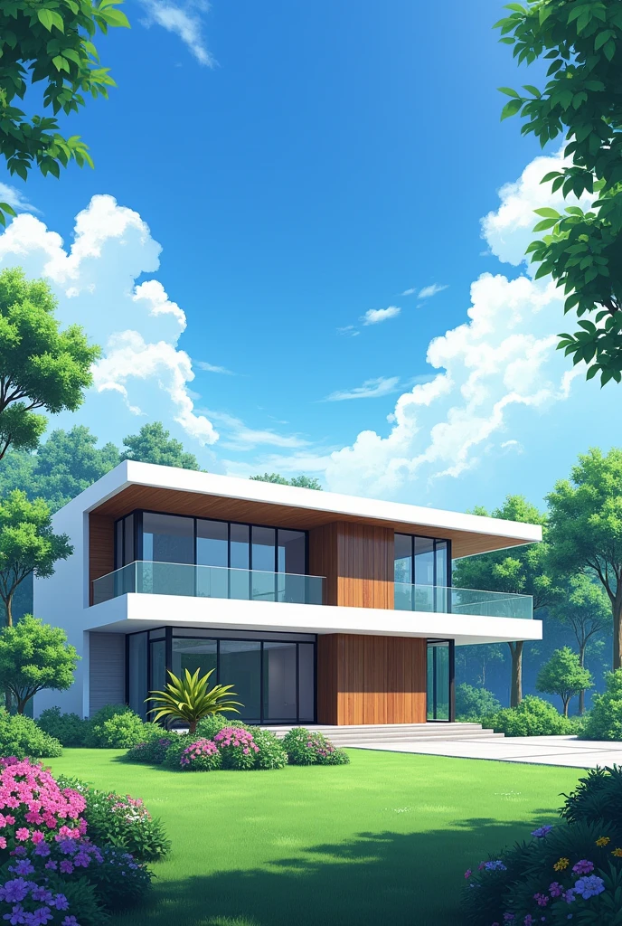 Generate a house in the anime theme, a one-story house, a somewhat wealthy house with wooden doors and windows, and the house is white. the house is modern, a large house
