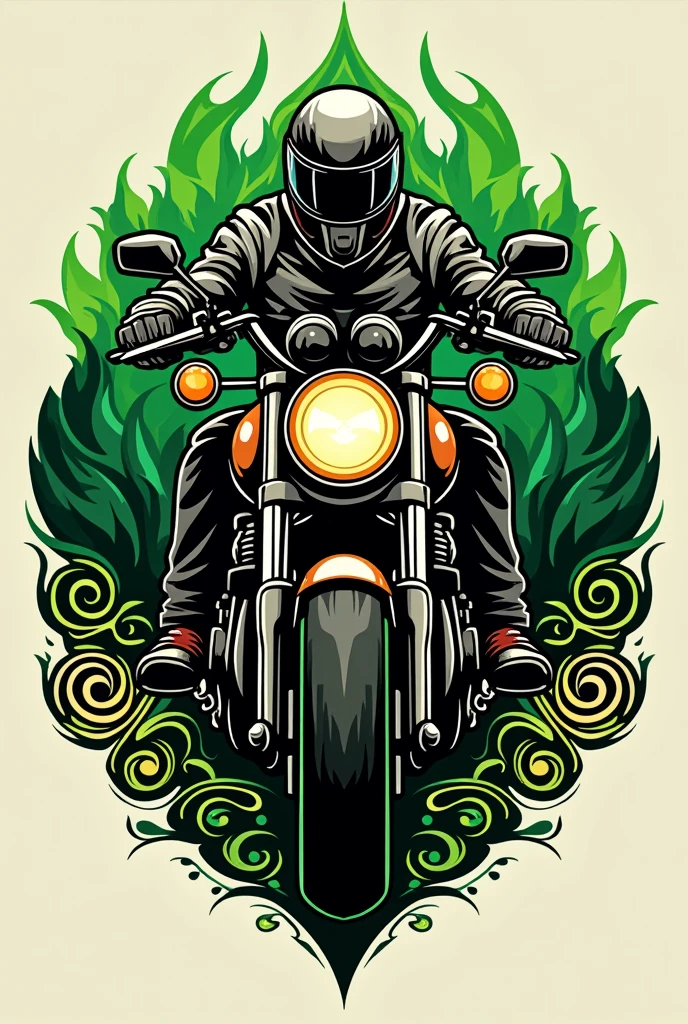Create a logo for a biker , with stylized designs and the mottu santarem logo, highlight the fortune green colors