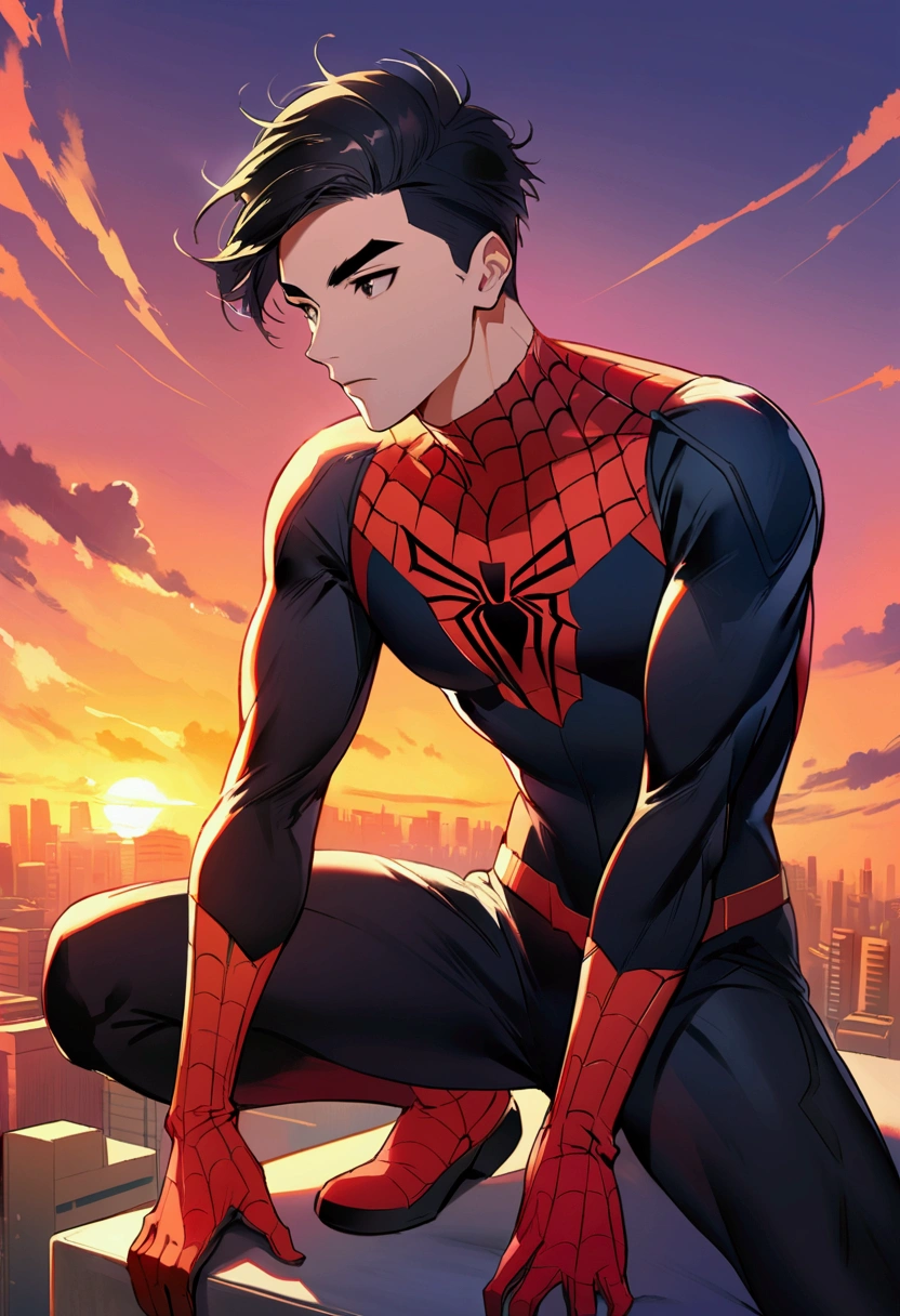 2d illustration of a Young man with shaved black hair with black eyebrows and white complexion. With athletic body dressed in the Spiderman suit on top of a building With the sunset on the horizon