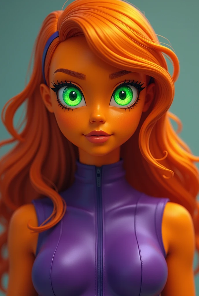 An orange skinned girl, wearing a purple sleeveless power suit. Her eyeballs are bright green, glowing and without pupils inside. She has orange long and wavy hair, an hairbang and she is busty. RAW photo. Beautiful detailed face