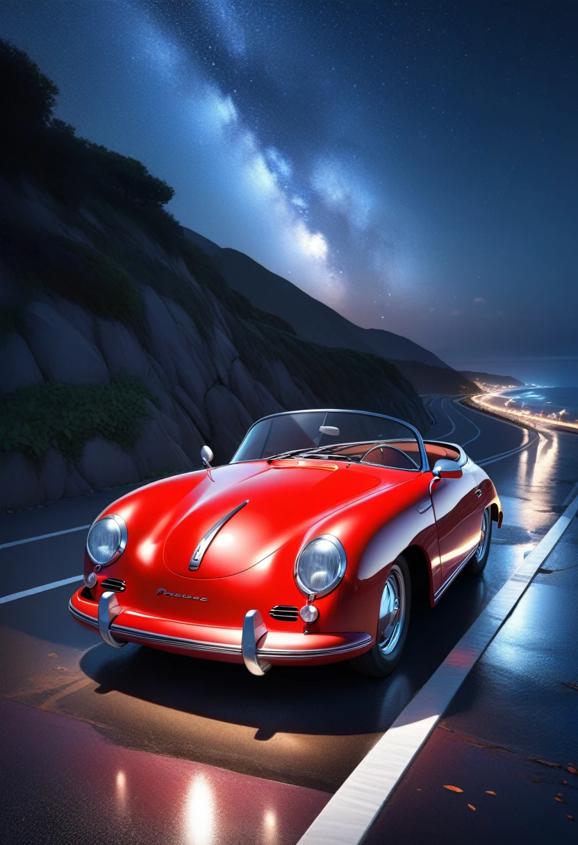 ((Masterpiece)), ((Best Quality)), (Very Detailed), ((Very Detailed)), 4K, (8K), very aesthetic, absurdres highres, A metallic red Porsche 356, its chrome bumper and open top shine on the coastal road against the cool night sky. The car is emphasized by shooting from a low angle.
