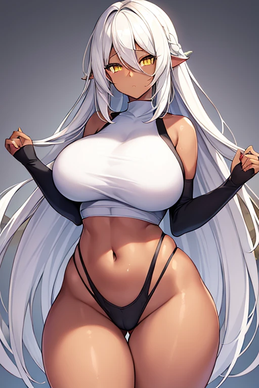 1girl, dark skin, dark-skinned female, white hair, long hair, yellow eyes, large breasts, wide hips, thick thighs, sportswear, shy, sports bra, hourglass figure, mature female, highleg, ((highleg)), bare legs, yellow trim, hair over eyes, long bangs, ((hair over eyes)), ((long bangs)), gold trim, timid, text, number, numbers,