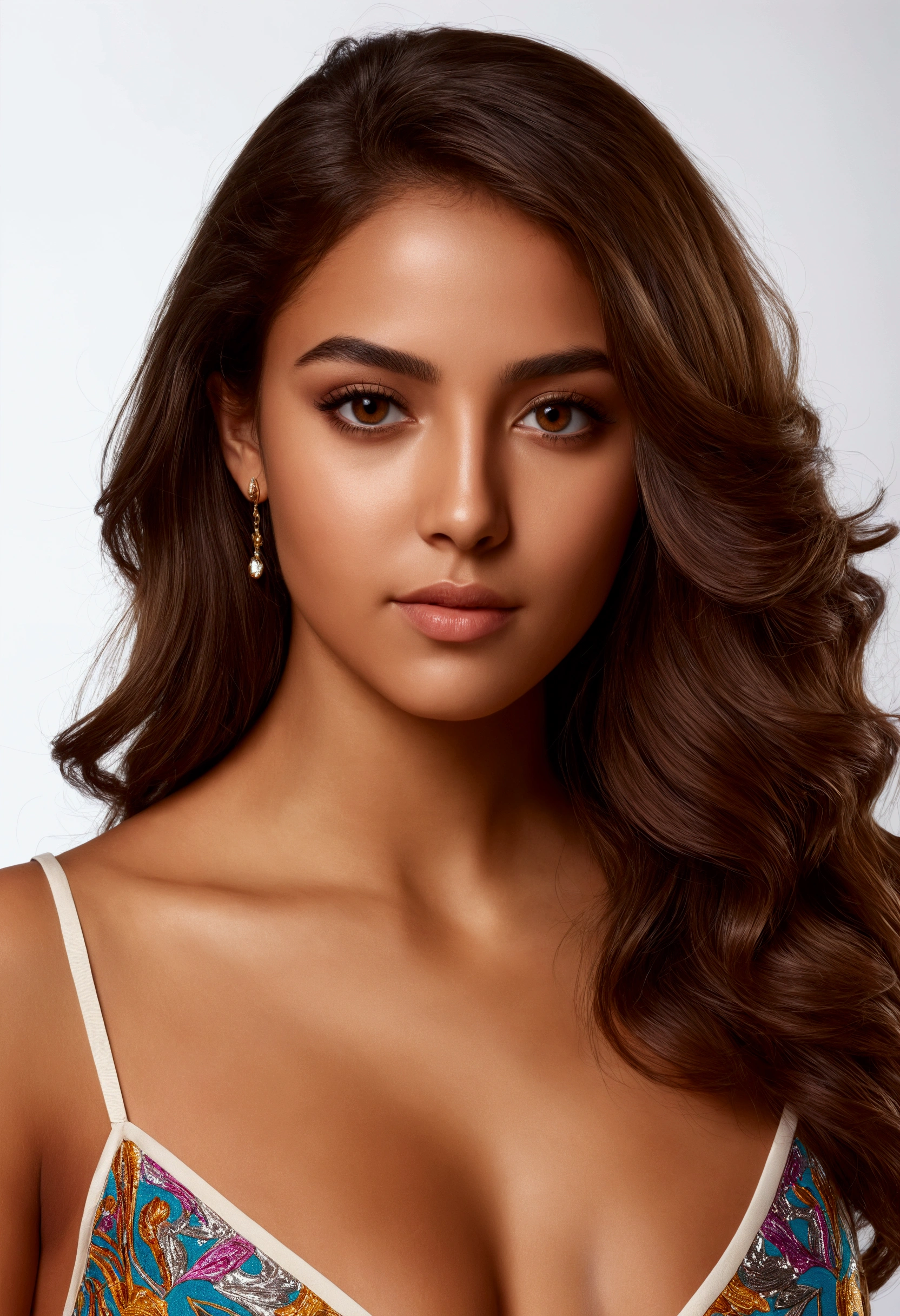 A 26-year-old woman with light brown eyes of very beautiful Colambian origin with a fine body and tanned skin with mixed hair with generous curves with a Louis viton style image 4k ultra réaliste