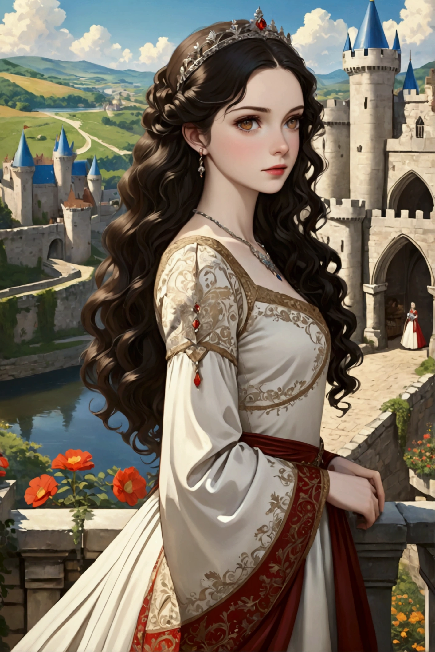 1 girl, Retailer, perfect model, beauty, black hair, long curly hair, Brown eyes, anime, realist, Pale skin, Brown eyes claros, European queen dress, castillo, majestic scenery, medieval, jewelry, majestic dress.