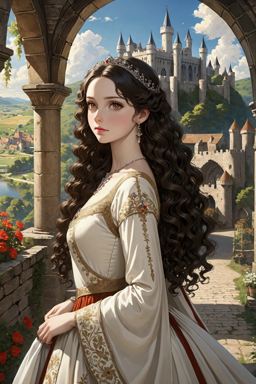 1 girl, Retailer, perfect model, beauty, black hair, long curly hair, Brown eyes, anime, realist, Pale skin, Brown eyes claros, European queen dress, castillo, majestic scenery, medieval, jewelry, majestic dress.
