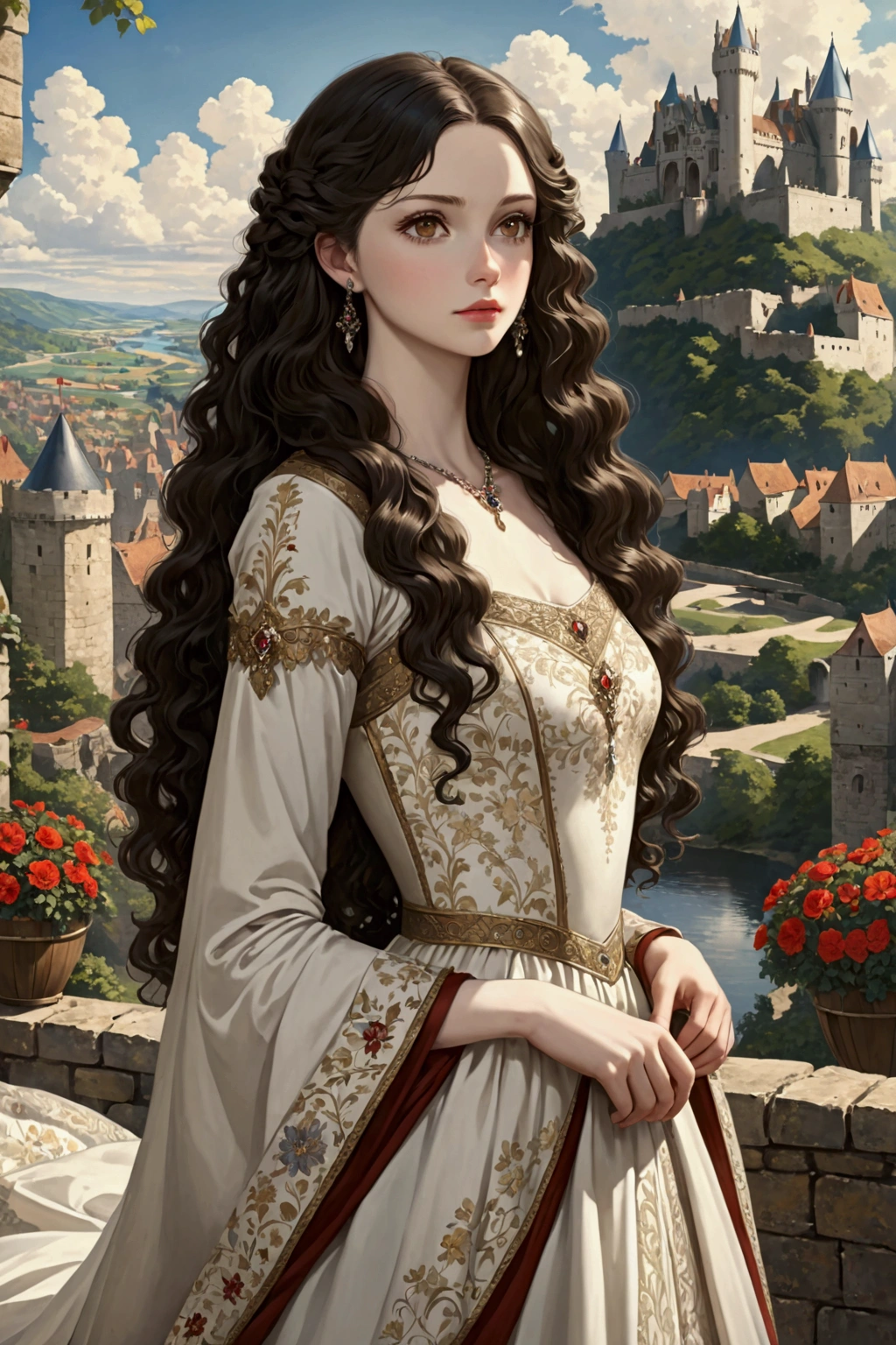 1 girl, Retailer, perfect model, beauty, black hair, long curly hair, Brown eyes, anime, realist, Pale skin, Brown eyes claros, European queen dress, castillo, majestic scenery, medieval, jewelry, majestic dress.