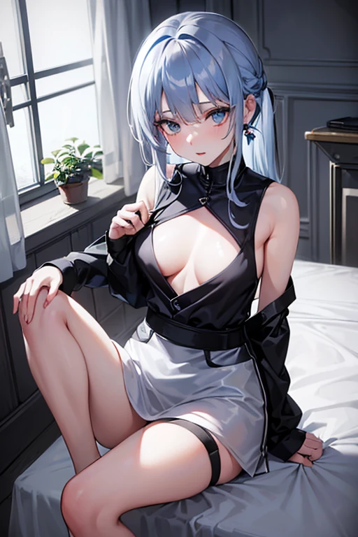 ((seducer, adult look, eye white)), (gray top, black pantyhouse, short clothing), (long blue hair), (20 year), (1 girl), looking ahead at viewer