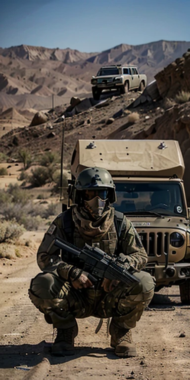 Cinematography, a soldier wearing a helmet,  wearing a scarf over his face, frightened look, holding an ar15 rifle, fully equipped crouching behind a khaki jeep, in the middle of the desert, bullet marks on the jeep's window, a car in the background on fire, Body on the ground 