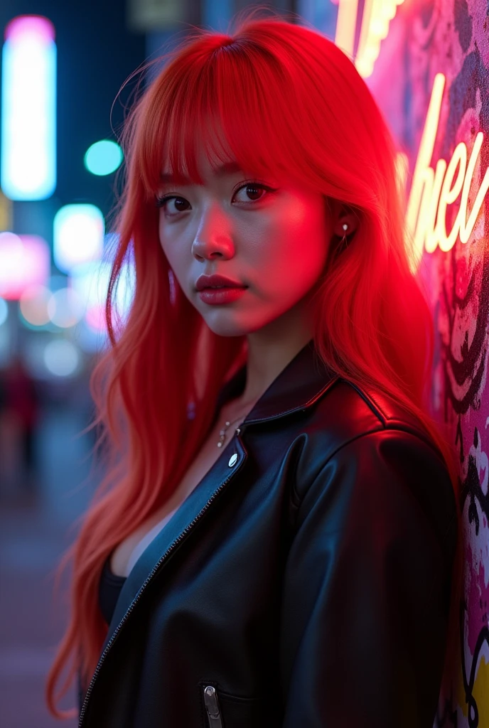 Jennie Kim, a Korean member of Blackpink with red hair and bangs