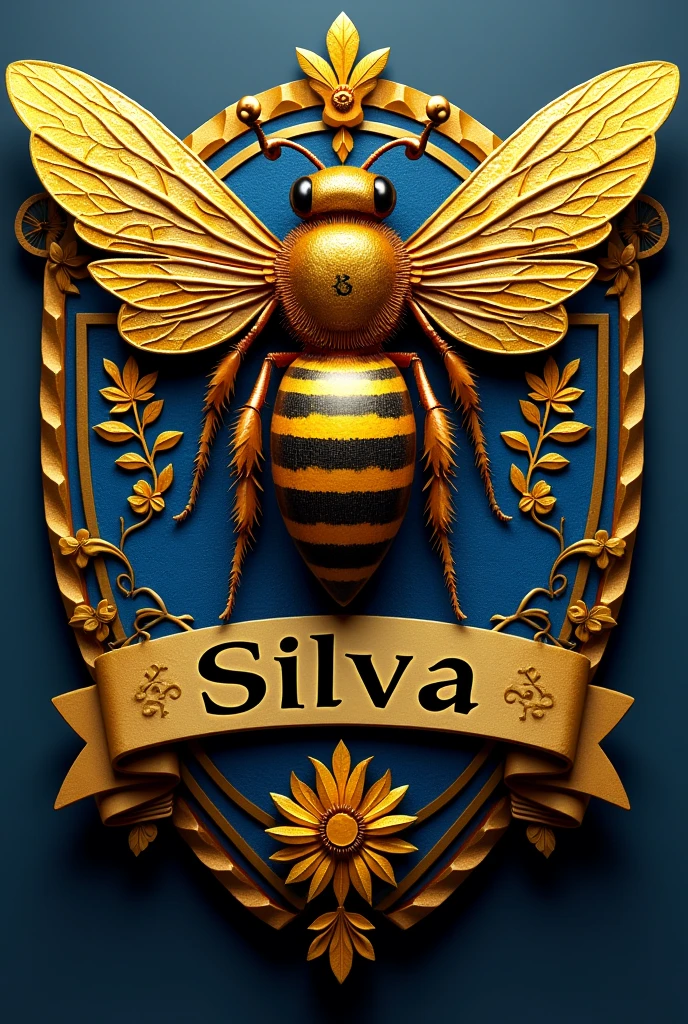 Create a 3d style image of a queen bee coat of arms  ,with a highlighted name on the coast & Silva 