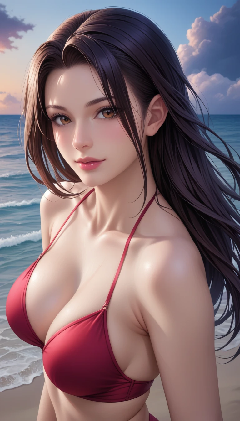 score_9, score_8_superior, score_7_superior, High-resolution CG illustration,A masterpiece in 32K resolution,Highest quality,it is really amazing,Very detailed,Ultra-high resolution,Ultra-realistic,Realistic,Increased depth of field,Cinematic lighting,
Sexy mature Japan woman,
Straight long hair with black hair,Showing his forehead,Ultra-detailed and beautiful face,Calm and gentle look,Beautiful brown eyes,Glossy, moisturized skin,Translucent white skin,Realistic skin texture,Great proportions,
Elegant red swimsuit,
Simple design,Chic color scheme based on red,Detailed fabric texture,
(Dark overcast sky on a dull night:1.1),(Dark clouds filling the sky:1.1),Thundercloud,Coastline at night,Stormy seas,delay々A desolate sandy beach that continues,
(Beautiful cleavage:1.1),(High angle:1.1),