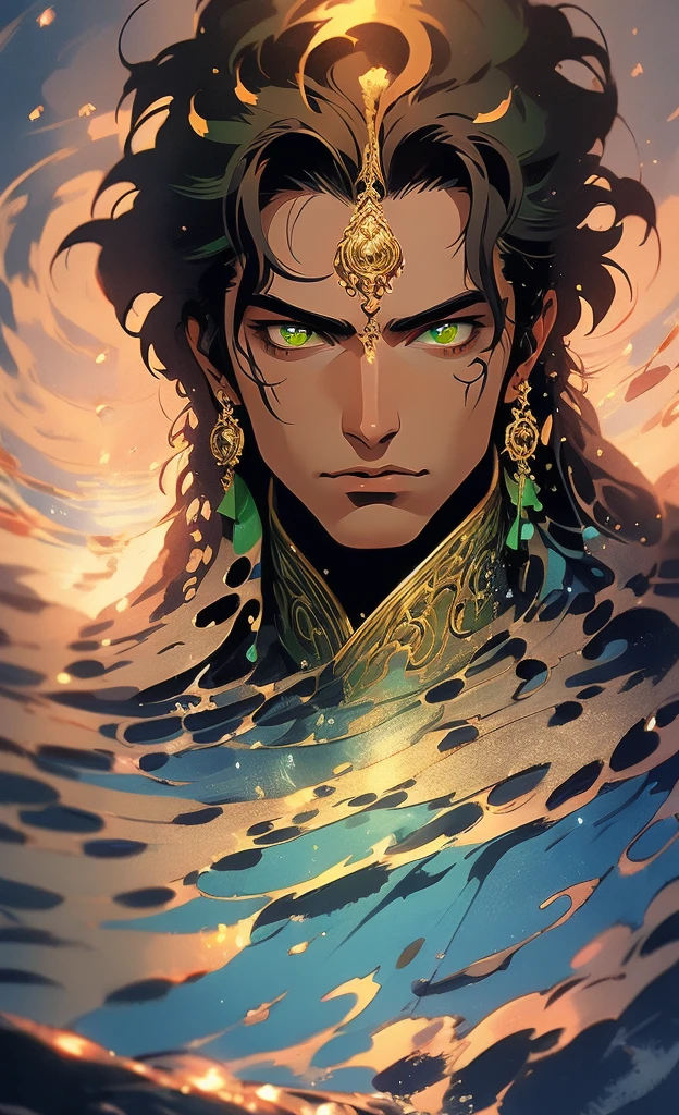 a man with olive skin, green eyes, long dark hair in ponytail, wearing green indian-style clothing with gold accents, water mage, portrait, intricate details, cinematic lighting, dramatic pose, mystical atmosphere, high quality, 8k, masterpiece, fantasy art, indian motive, water, waterfall, full growth