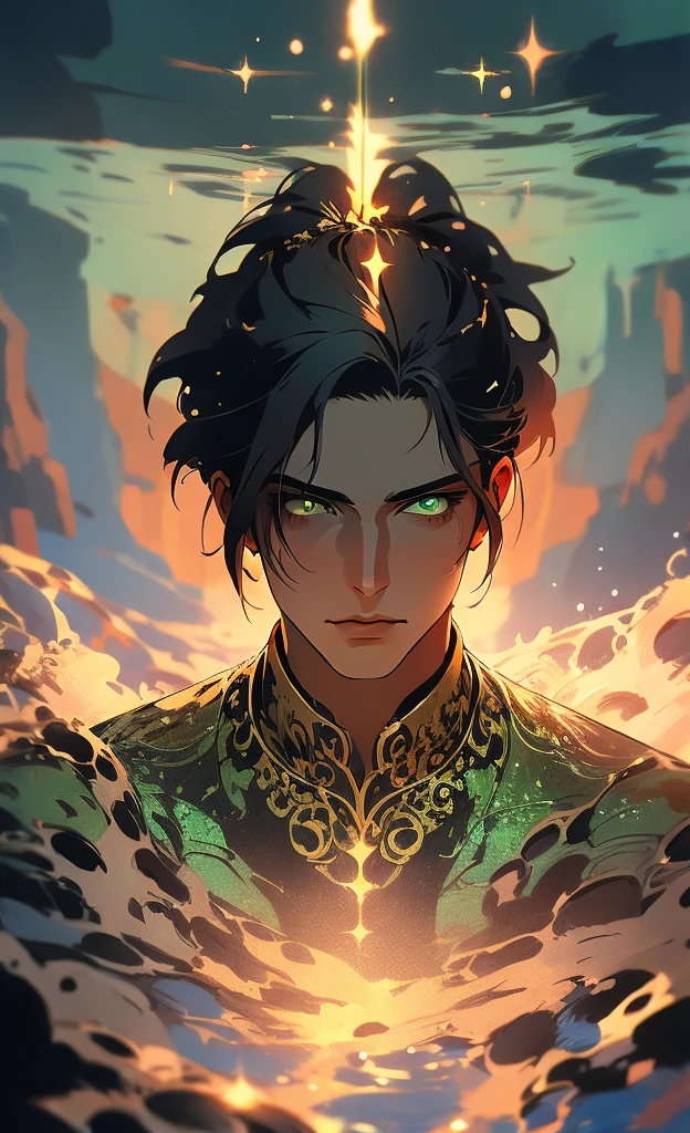 a man with olive skin, green eyes, long dark hair in ponytail, wearing green indian-style clothing with gold accents, water mage, portrait, intricate details, cinematic lighting, dramatic pose, mystical atmosphere, high quality, 8k, masterpiece, fantasy art, indian motive, water, waterfall, full growth