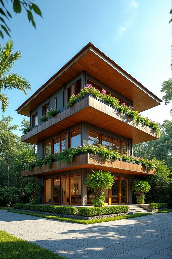Create an image of a 3 storey commercial building that is simple but creative and considers the tropical climate of the philippines.