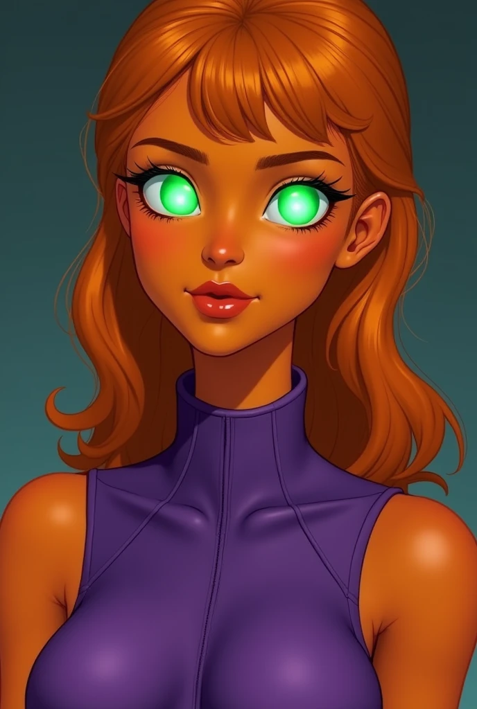 An orange skinned girl, wearing a purple sleeveless power suit. Her eyeballs are bright green, glowing and without pupils inside. She has orange long and wavy hair, an hairbang and she is busty. RAW photo. Beautiful detailed face