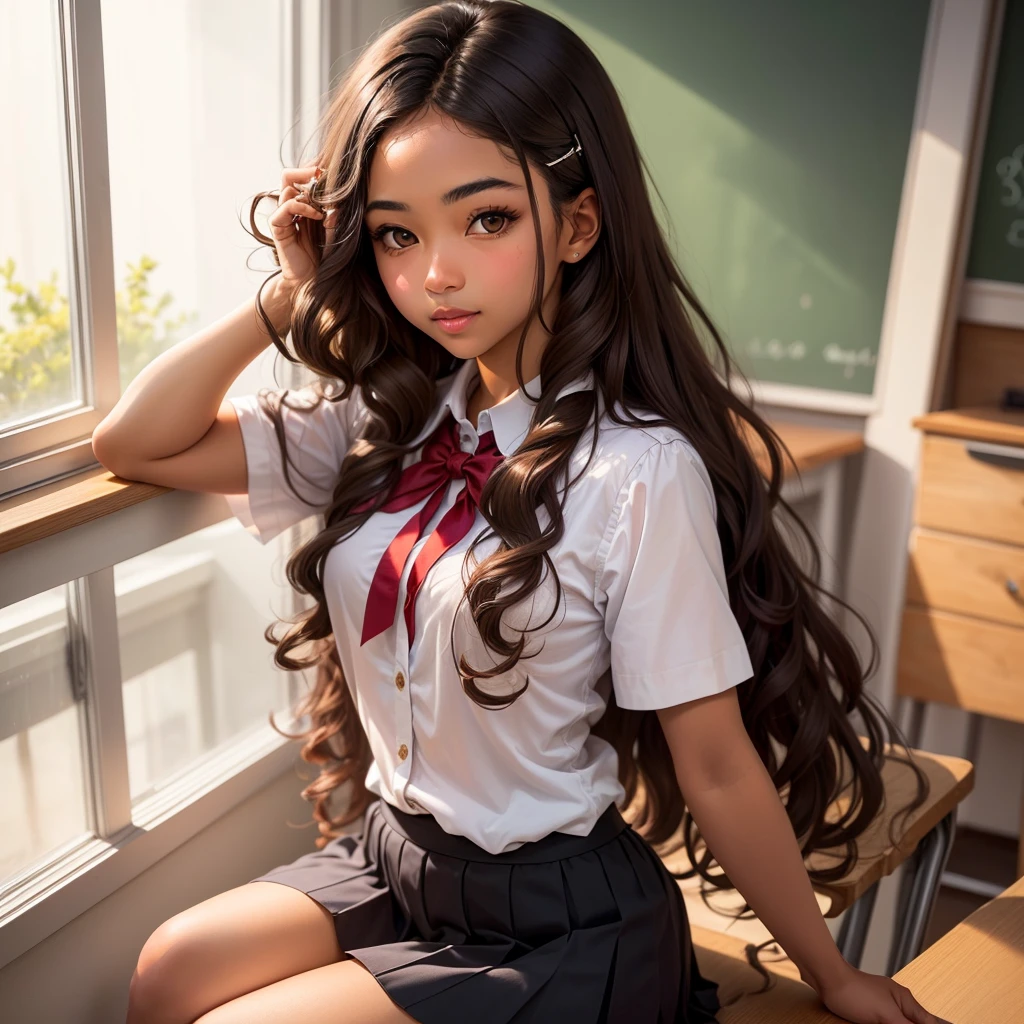 A girl with very long curly hair, dark brown hair with highlights. Light brown eyes, average height, very dark skin with a very beautiful body in a black school uniform. 
