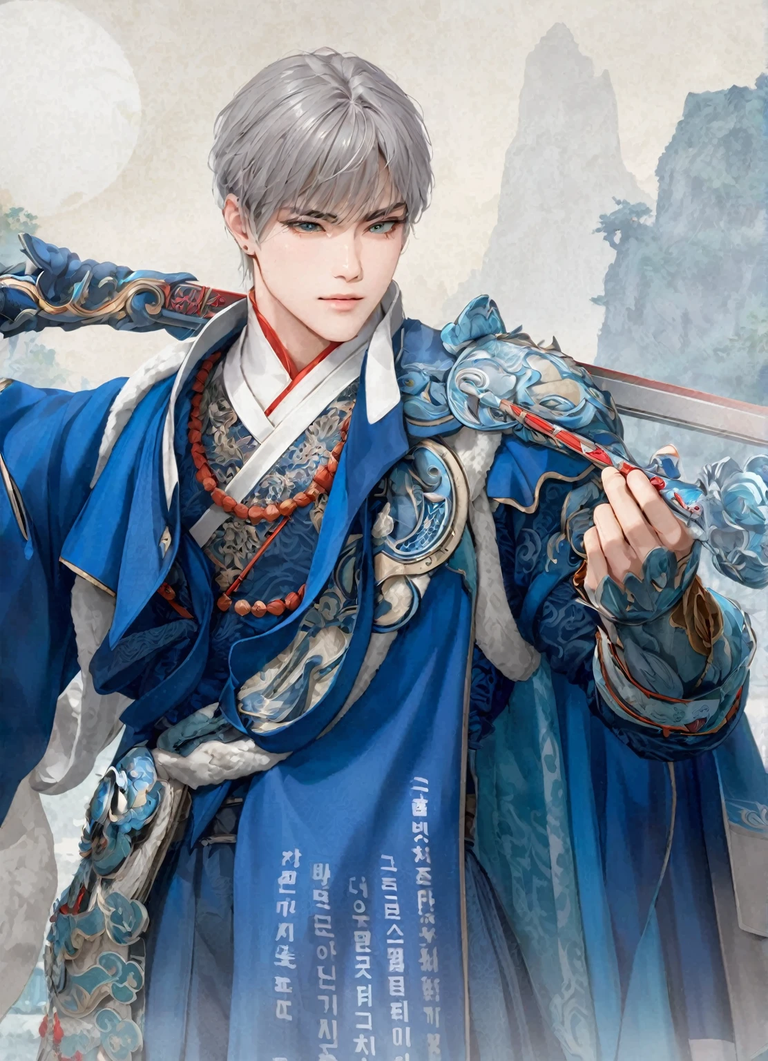 anime character dressed in blue holding a sword and a sword, zhao yun, heise jinyao, cai xukun, inspired by Bian Shoumin, inspired by Zhao Yuan, inspired by Guan Daosheng, Inspired by Wuzhun Shifan, inspired by Zhang Han, Inspired by Huang Gongwang, g liulian art style
