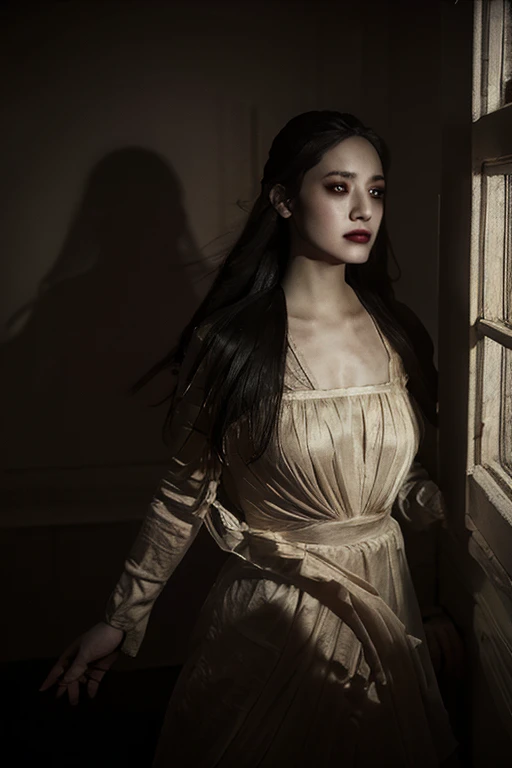 full body masterpiece, ultra realistic, 16k, high quality, incredibly detailed, dream aesthetic, dream atmosphere, cinematic, (sharp focus : 1.5), (photorealistic : 1.3) , a hyperrealistic image of a young, very pale woman with long black hair and black eyes, illuminated skin, intense shadows, light and shadow work, a beautiful face, wearing a white dress. She appears very sad and is looking out of an old, antique window. The scene should have a horror and gothic atmosphere similar to the style of the manga Berserk, with dramatic lighting and intricate details in both the woman and the surroundings. The window should have a gothic design, with shadows and light playing off her expression to enhance the mood of melancholy and mystery.