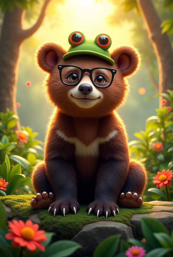 Peruvian spectacled bear wearing a frog hat