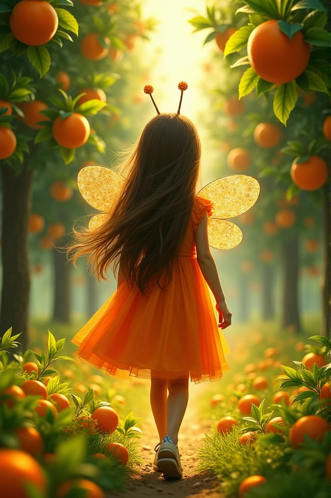 An 18-year-old girl with long brown hair wearing a bright orange dress with green accents and bee wings and antenna passing by numerous orange trees. 