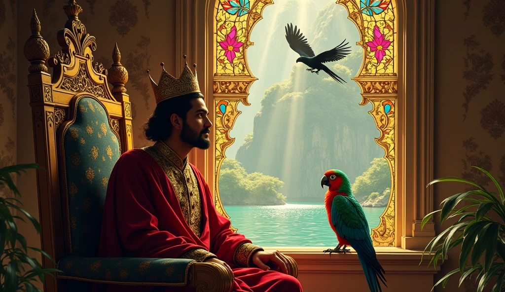 The king listened to the crow and got lost in thought.  The parrot, who was listening to both of them, said, "King Salamat! Do not believe what the crow says. He is deceiving. Before you drink the water of this lake, you should know its truth."