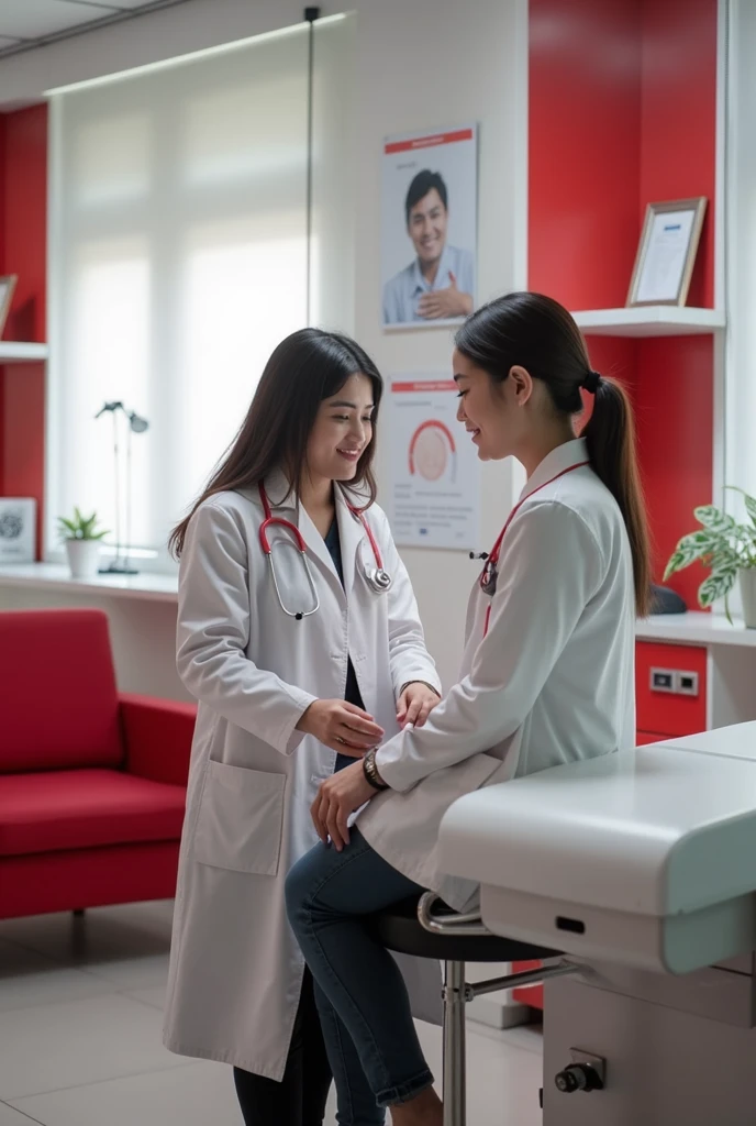 Create an image related to internal medicine, using the colors RED AND WHITE. using a Peruvian doctor attending a patient in a sophisticated clinic