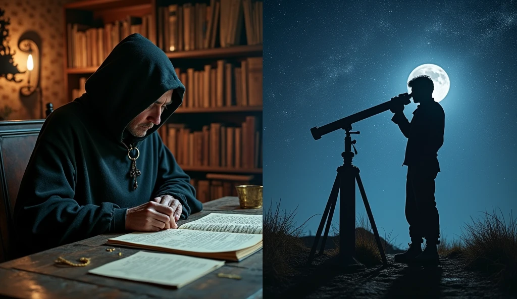 A split-screen image with Scorpio on one side in a dimly lit room surrounded by books and introspective artifacts, and Sagittarius on the other side, outside under the starry sky, looking through a telescope. --ar 16:9