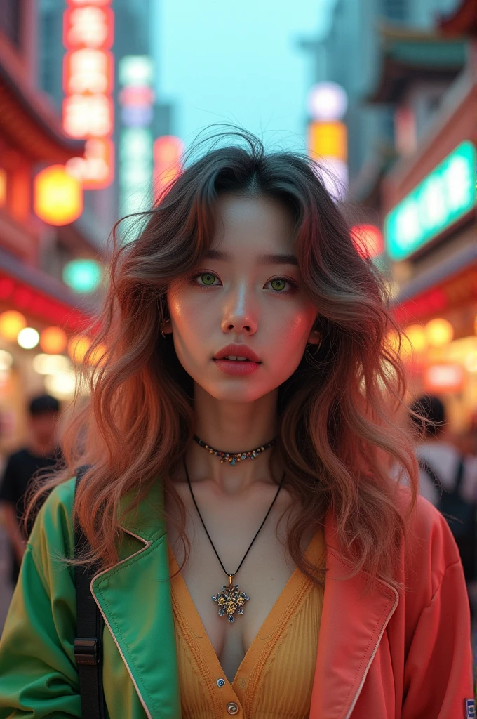 Korean style white girl with curly hair and green eyes