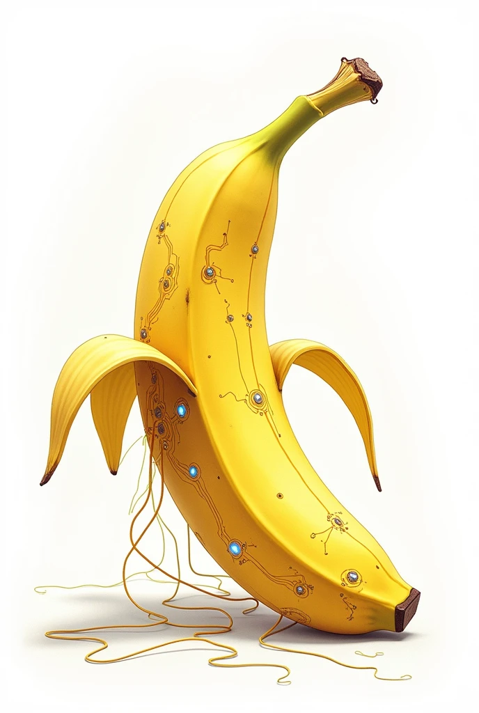 Drawing of a banana that looks like it has circuits coming out of it on a white background