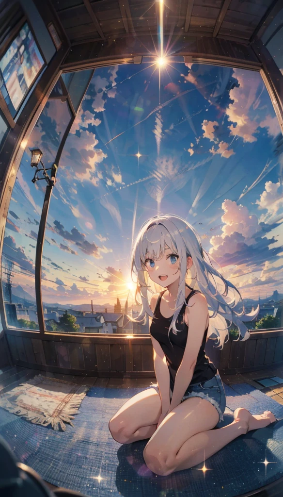 A cumulus cloud in the center of the screen, Sun at sunset，daughter，Long white hair，sitting in the Seiza position,enjoy，Open your mouth，lol，Dynamic Hair，masterpiece，high quality，Written boundary depth，Storytelling Images，Fisheye Lens　glitter effect
A lone figure　whole body　beautiful girl　Tank top　Denim shorts