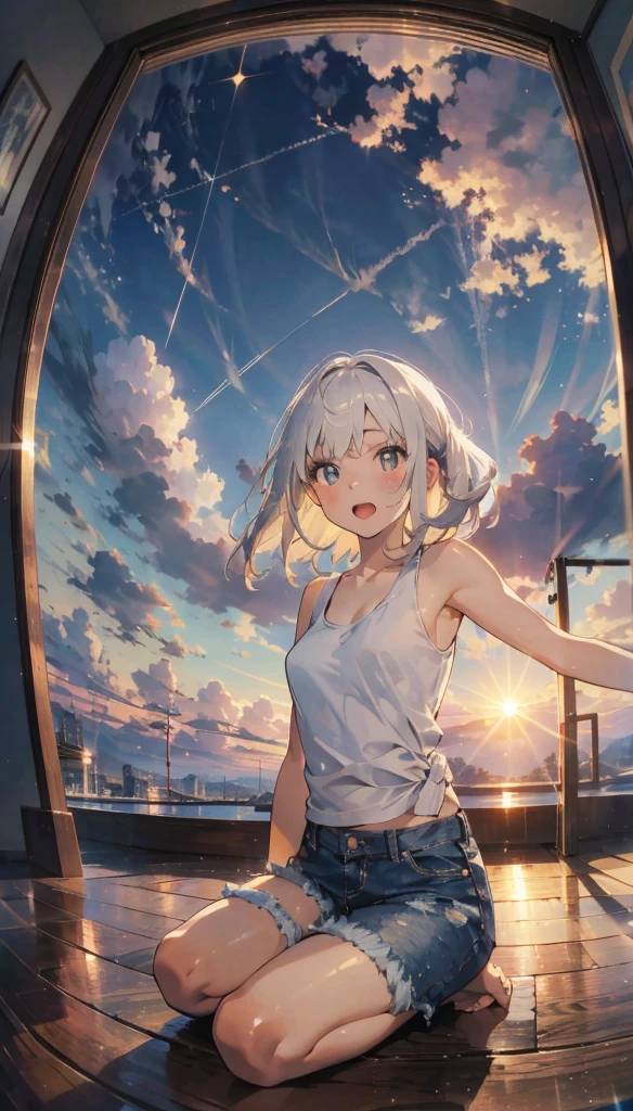 A cumulus cloud in the center of the screen, Sun at sunset，daughter，Long white hair，sitting in the Seiza position,enjoy，Open your mouth，lol，Dynamic Hair，masterpiece，high quality，Written boundary depth，Storytelling Images，Fisheye Lens　glitter effect
A lone figure　whole body　beautiful girl　Tank top　Denim shorts