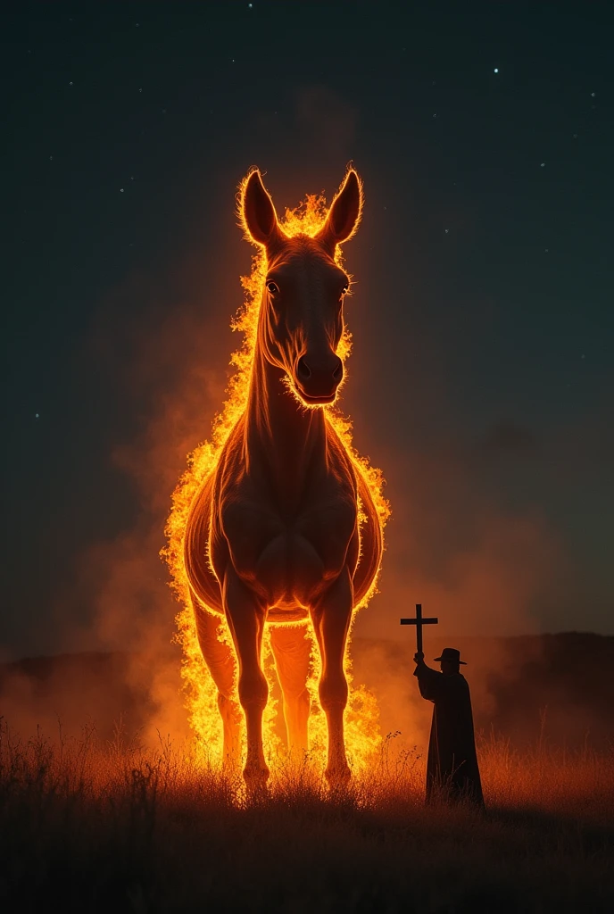 In the middle of the field, under the dark, starless sky, The headless mule, wrapped in orange flames, emerges from the darkness. The creature, imposing and terrifying, has no head, but it is in a menacing pose, with hooves raised and flames coming from its body. Ao fundo, the old ranch is partially visible, wrapped in darkness, while Father Emanoel, small in comparison, raises the crucifix against the creature.