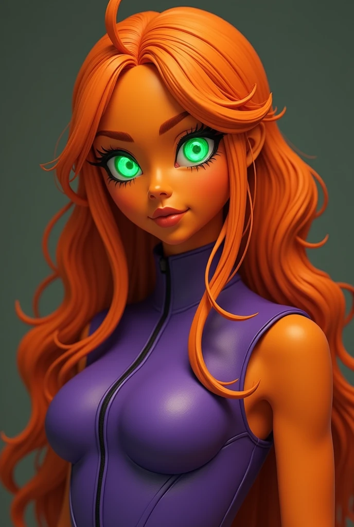 An orange skinned girl, wearing a purple sleeveless power suit. Her eyeballs are bright green, glowing and without pupils inside. She has orange long and wavy hair, an hairbang and she is busty. RAW photo. Beautiful detailed face