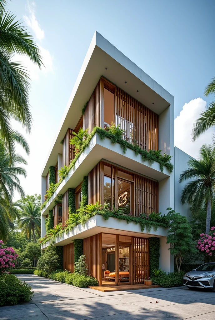 Create an image of a 3 storey commercial building that is simple but creative and considers the tropical climate of the philippines.
