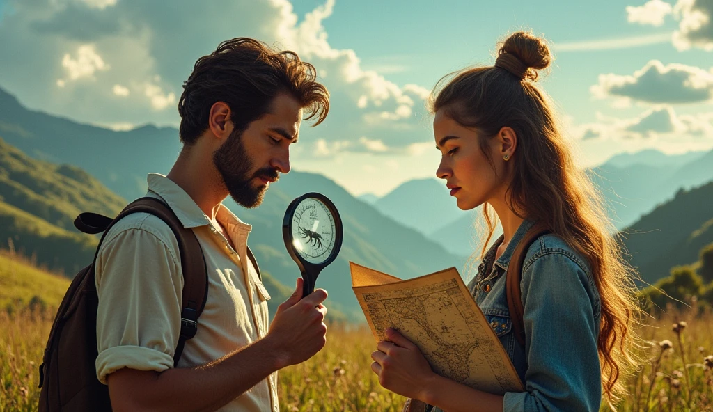 A visual metaphor with two individuals, one in deep thought with a magnifying glass (Scorpio) and the other with a map and compass (Sagittarius), symbolizing the quest for answers and exploration. --ar 16:9
