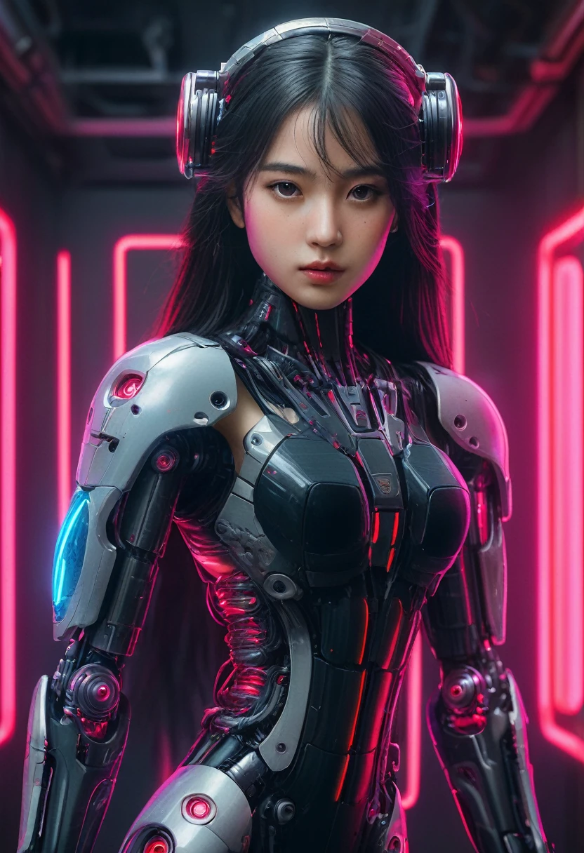 xxmixgirl. Highly detailed professional 35mm film, bokeh, face in sharp focus. A robotic female, Miku, with ((metal skin)), ((perfect Asian eyes)) with magenta irises and ((black pupils)), beautiful serious (detailed face), 18 year old ((photorealistic face)), very long magenta twin tails of magenta hair, twin black hair ties with a single red stripe. She may have a black audio headpiece. We can see her ((full body)) down to her boot soles. Her outfit is a sleeveless collared light grey shirt, outlined in red around the frilled collar and hems. Shiny reflective ((metallic breast cups, dimpleless)), invisible nipples. She wears black sleeves with red hems that start around her upper arm and bellow out as the sleeves open and extend to her wrists, with wide trumpet red rimmed cuffs. She has perfect robotic (detailed hands). She wears a red colored tie with two horizontal solid parallel black lines halfway across. She wears a fabric black skirt with a horizontal red hem at the bottom all the way around; her (((black skirt wraps around her))) and ((her skirt completely covers)) her robotic waist and thighs. Tall black boots with red bottom soles, a red rim around the top at her thighs. Her mechanical shoulder joints are visible. We can see her robotic legs and robotic neck. Half of her is covered with shiny polished machinery. The background is a distant dark neon futuristic Japanese city, gold, cyan, violet neon, near harbor or mountains.