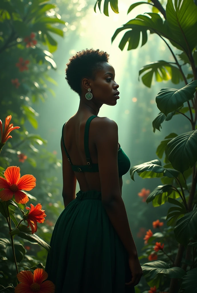 a mystical portrait of a curvy , beautiful african woman with the body of a goddess and short cut natural hair. She Walks through the foliage of a tropical, dense jungle overgrown with tropical plants and flowers and monsterra leaves. she is totally nude with dark glossy skin, big, (saggy natural breasts :1.5), wide hips, thick thighs and narrow waist. The atmosphere is dramatically lit with light streaking through the foggy background illuminating her body and drawing shadows across her . She poses elegantly
