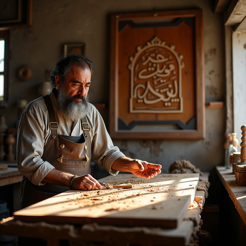 Create an image of Hassan Yazdani in a carpentry workshop carving wood. One of his hands is holding a chisel, and the other is pointing to a sign written in Persian that says "The art of wood is the best test of carving wood".