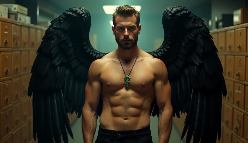 ((masterpiece)) ((4k resolution)) ((Whole body)) 30 year old man, Light brown hair, short hair, eyes the color of honey, bright Eyes, male face, three-day unshaven beard, intense and seductive look, with angel wings, black wings, spread wings, muscled body, thick muscle, pectoral display, body hair, Black pants, necklace with an emerald pendant. scene: 1950s detective office.