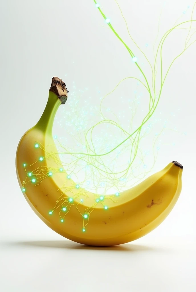 Drawing of a banana that looks like it has many circuits coming out of it on a white background